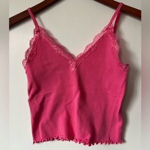 Active USA Pink Ribbed Lace-Trim Mini Tank